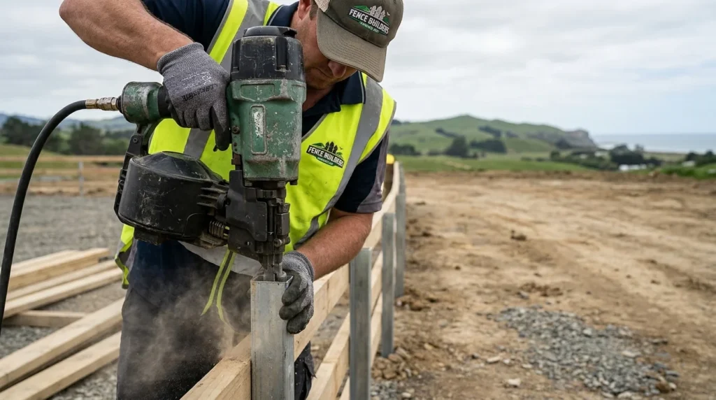 Professional worker using a pneumatic nail gun during a rural timber fence installation project by fence builders Hawkes Bay.