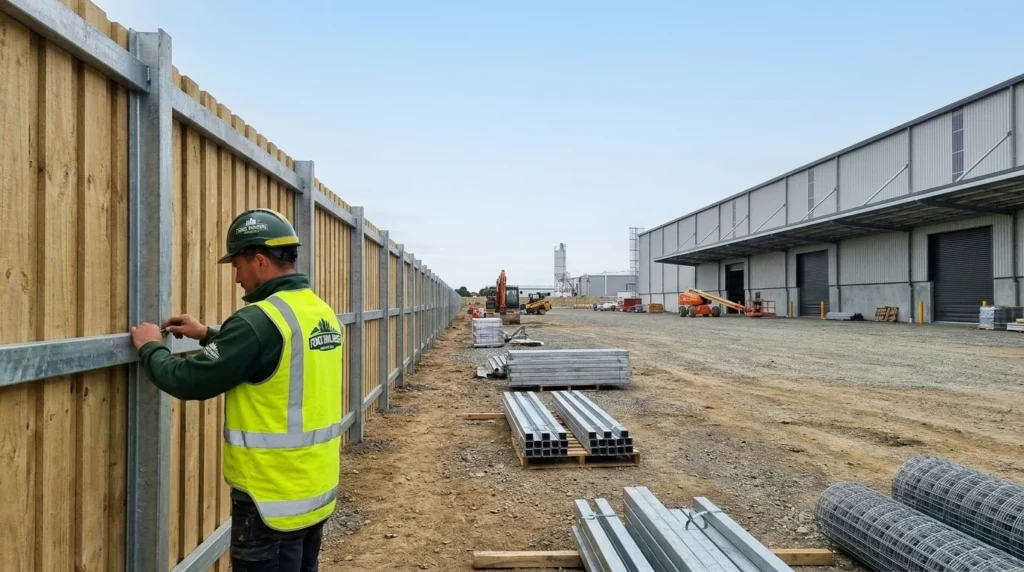 Industrial worker securing a galvanized steel frame during a large-scale steel fence installation by fence builders Hawkes Bay.