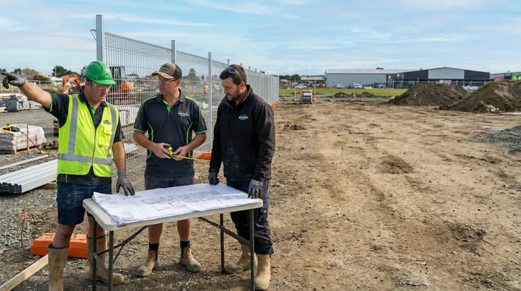 Three construction professionals, including fence builders Hawkes Bay in high-vis gear, reviewing blueprints on an industrial site.