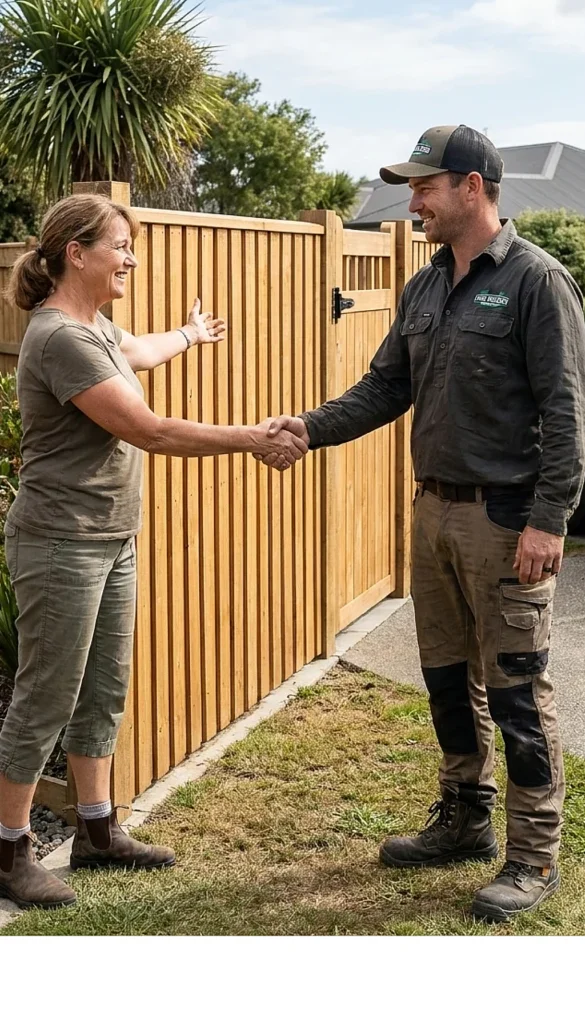Homeowner shaking hands with a professional contractor from fence builders Hawkes Bay in front of a newly installed wooden fence.
