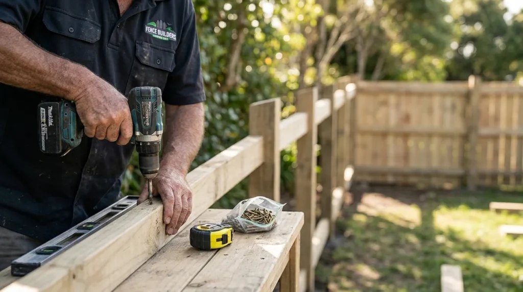 Professional fence builders Hawkes Bay carefully screwing wooden planks during a precision fence installation project.