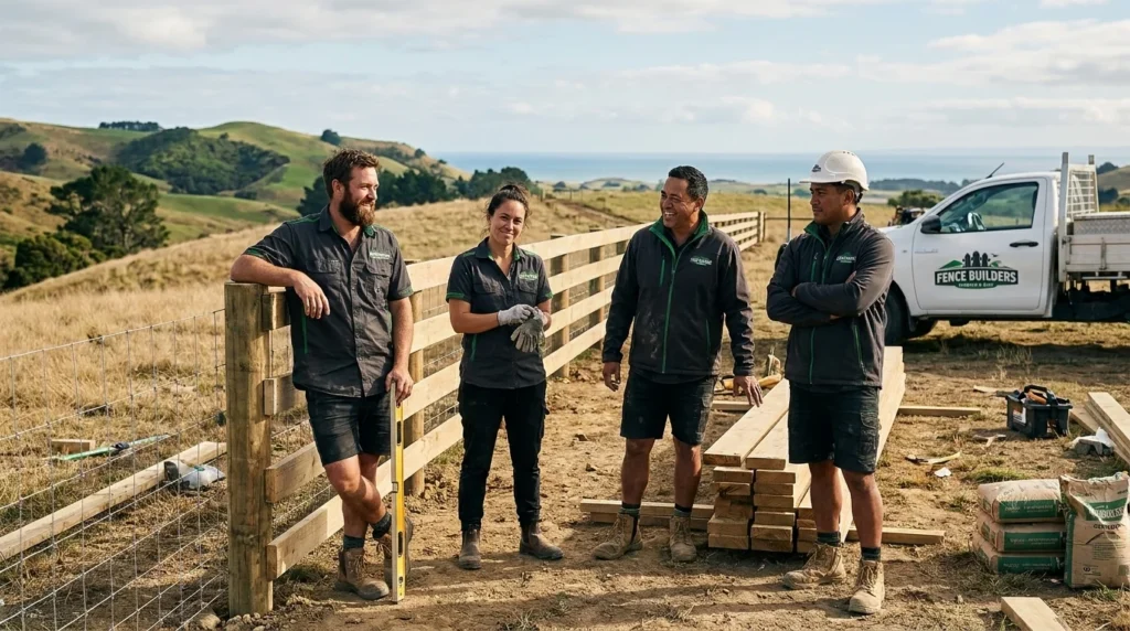 Group portrait of four professional fence builders Hawkes Bay on a rural fencing site with rolling hills in the background.